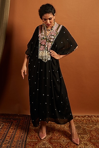 Black Crepe Chiffon Embroidered Kaftan by Half Full Curve
