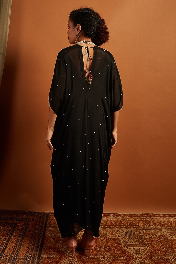 Black Crepe Chiffon Embroidered Kaftan by Half Full Curve at Pernia's Pop Up Shop