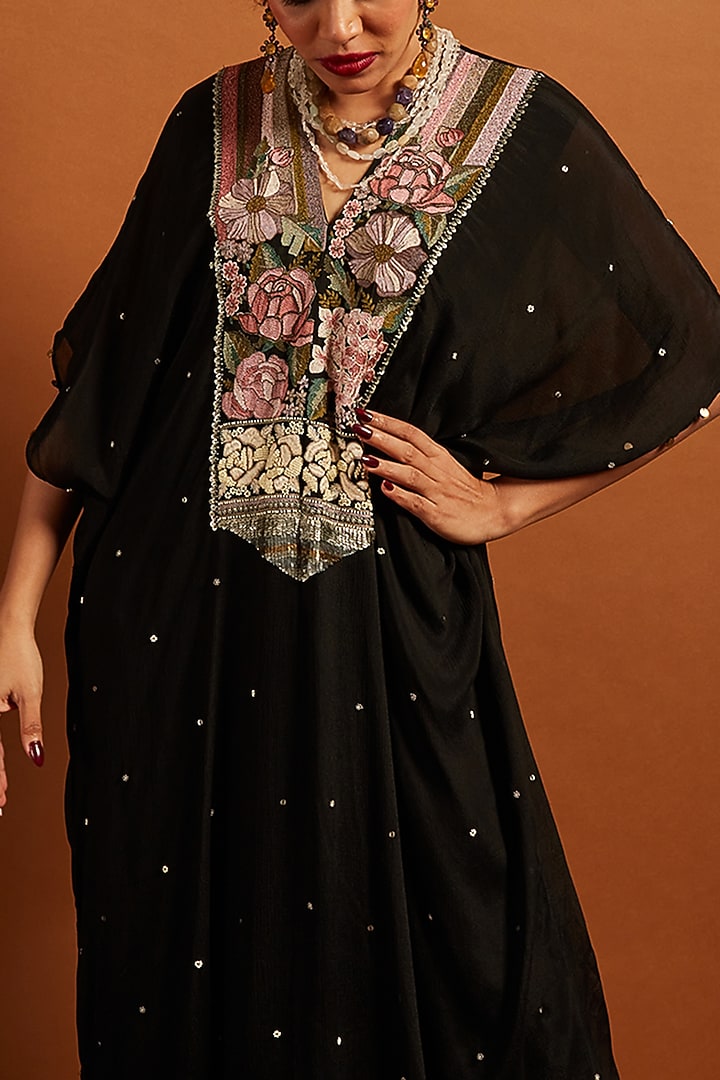Black Crepe Chiffon Embroidered Kaftan by Half Full Curve at Pernia's Pop Up Shop