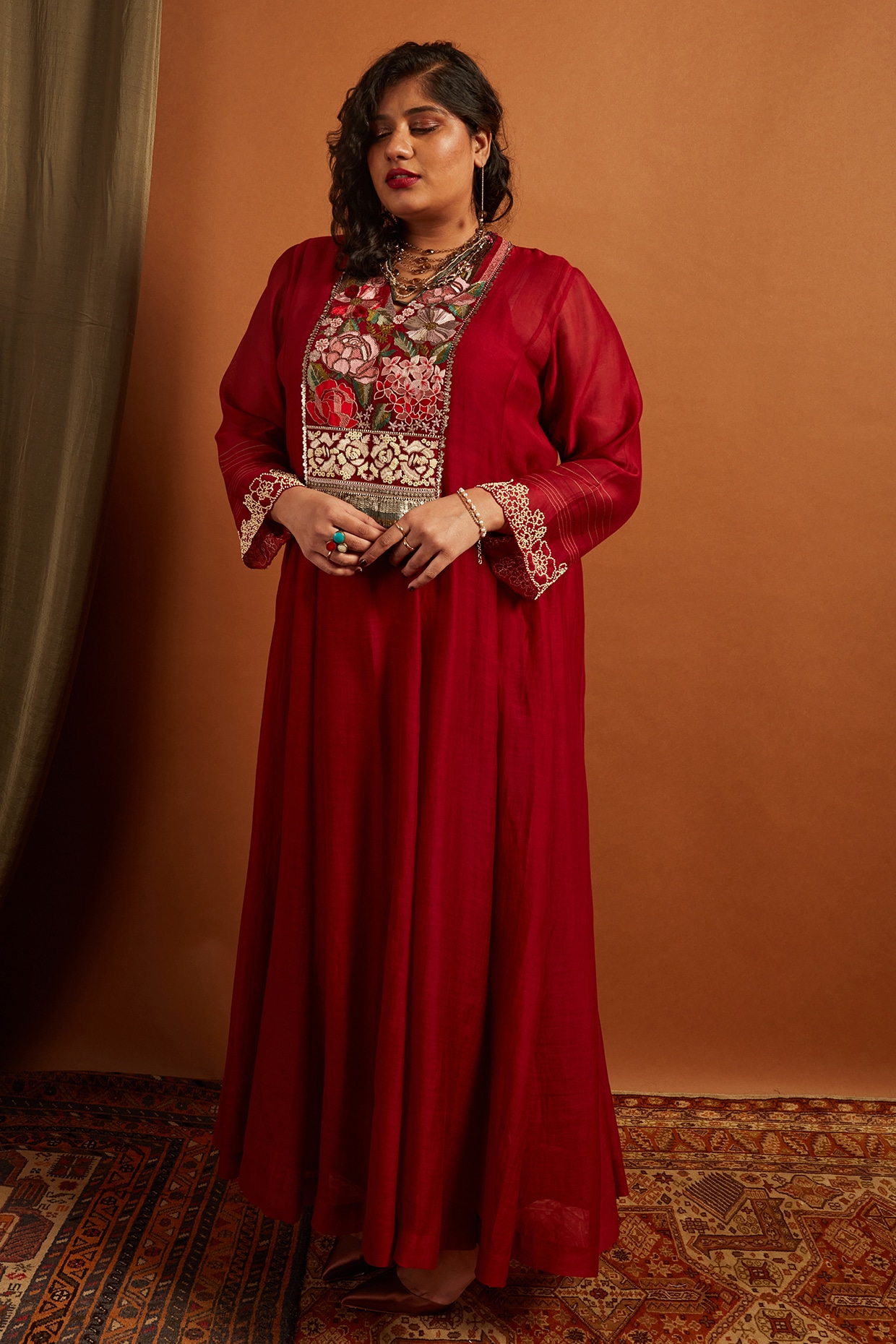 Half Full Curve Deep Red Fine Chanderi Embroidered Anarkali Dress