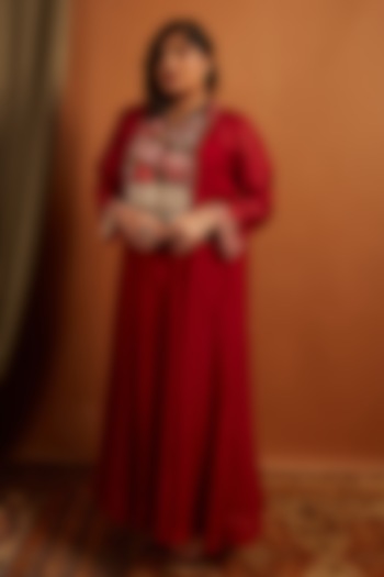 Deep Red Fine Chanderi Embroidered Anarkali Vacation Dress by Half Full Curve at Pernia's Pop Up Shop