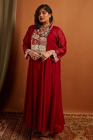 Deep Red Fine Chanderi Embroidered Anarkali Dress by Half Full Curve