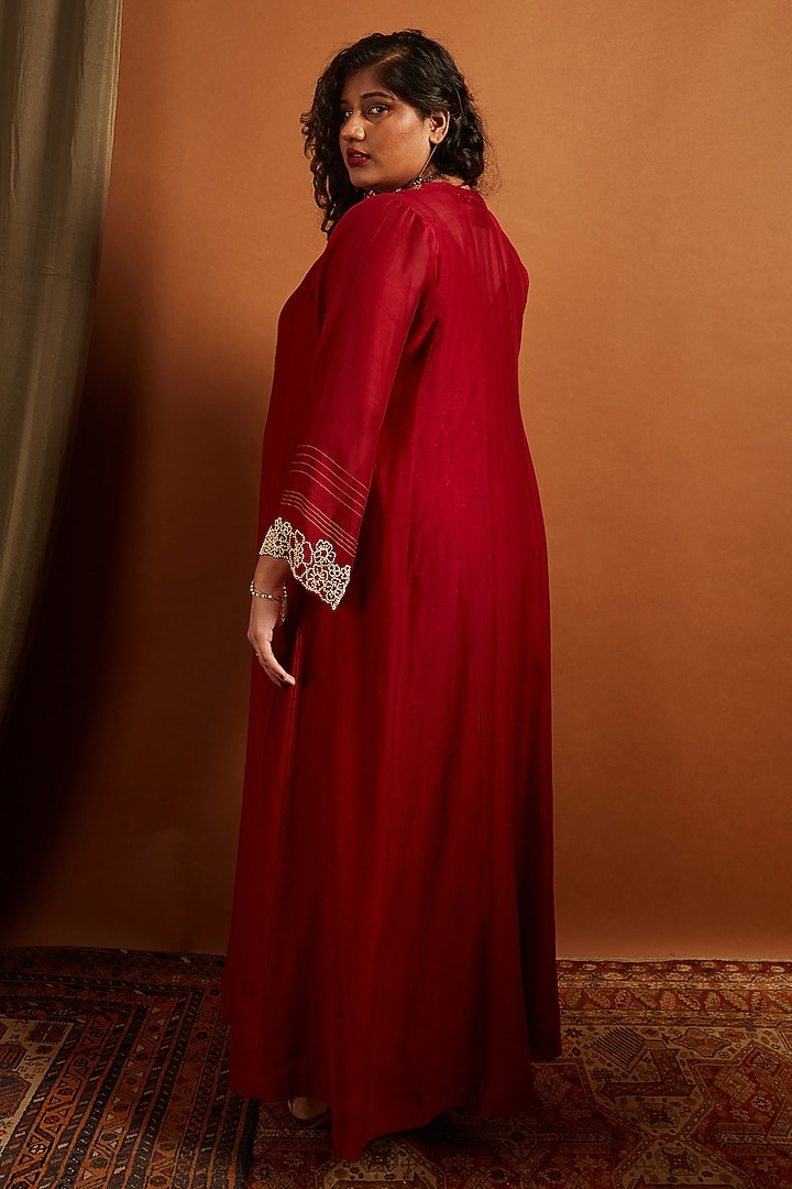 Deep Red Fine Chanderi Embroidered Anarkali Vacation Dress by Half Full Curve at Pernia's Pop Up Shop
