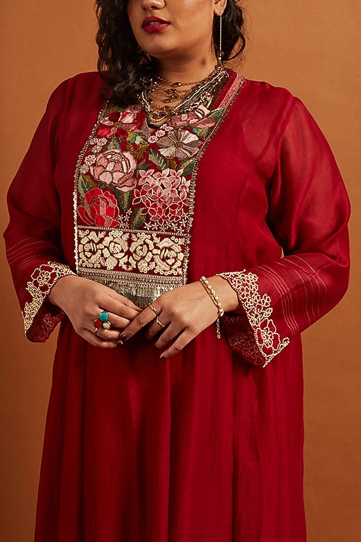 Deep Red Fine Chanderi Embroidered Anarkali Vacation Dress by Half Full Curve at Pernia's Pop Up Shop