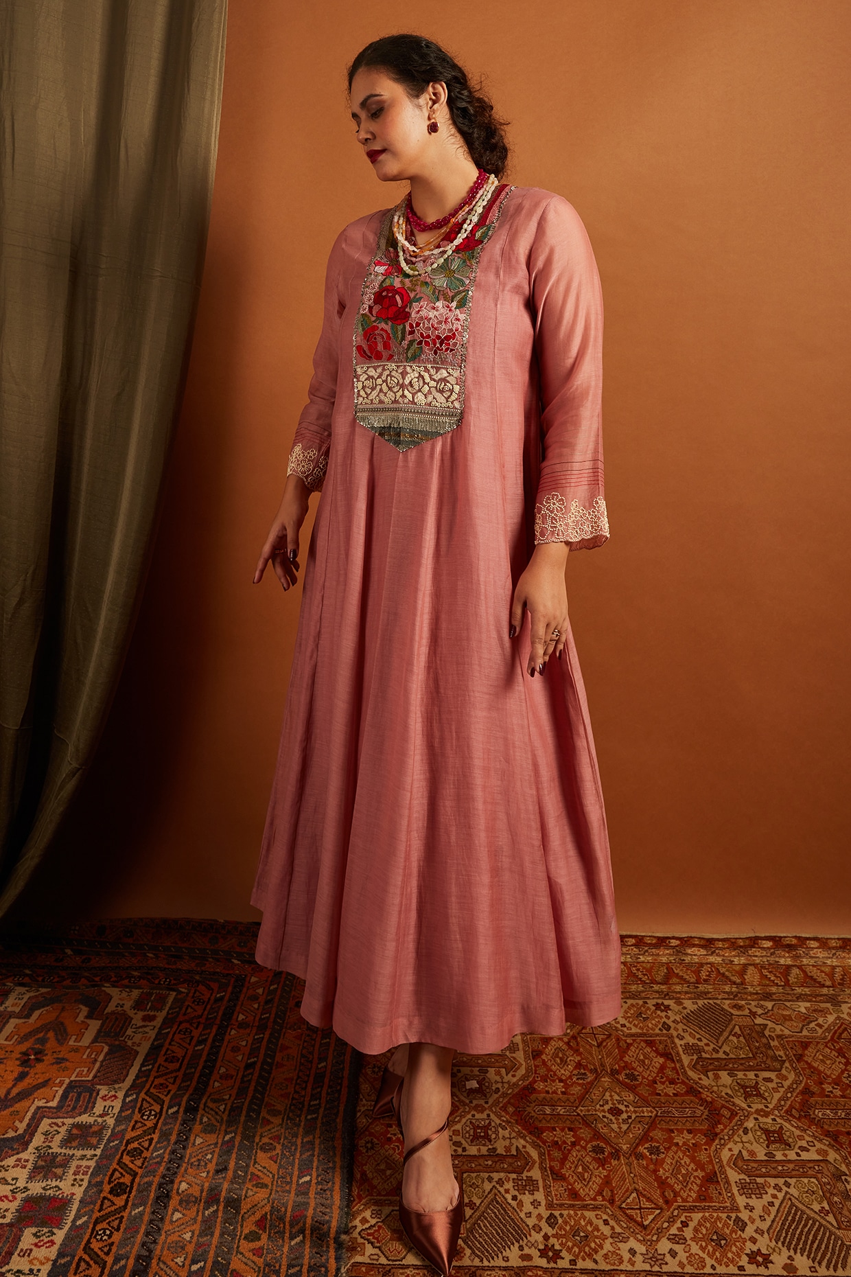Half Full Curve Blush Pink Fine Chanderi Embroidered Anarkali Dress