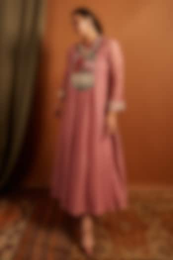 Blush Pink Fine Chanderi Embroidered Anarkali Vacation Dress by Half Full Curve at Pernia's Pop Up Shop