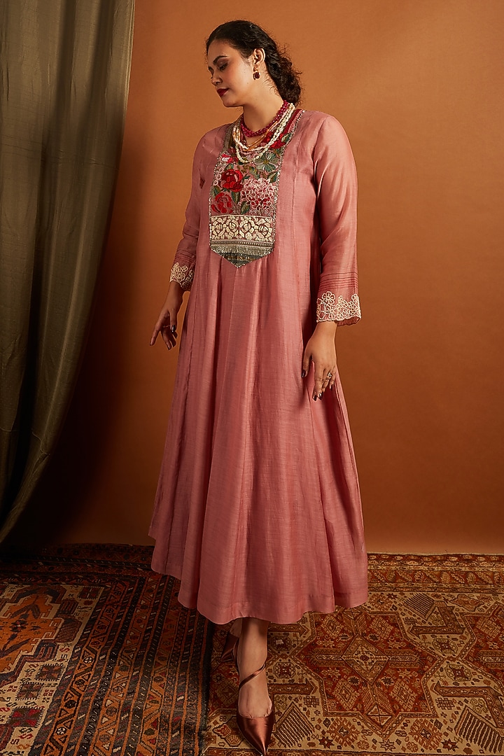 Blush Pink Fine Chanderi Embroidered Anarkali Vacation Dress by Half Full Curve at Pernia's Pop Up Shop