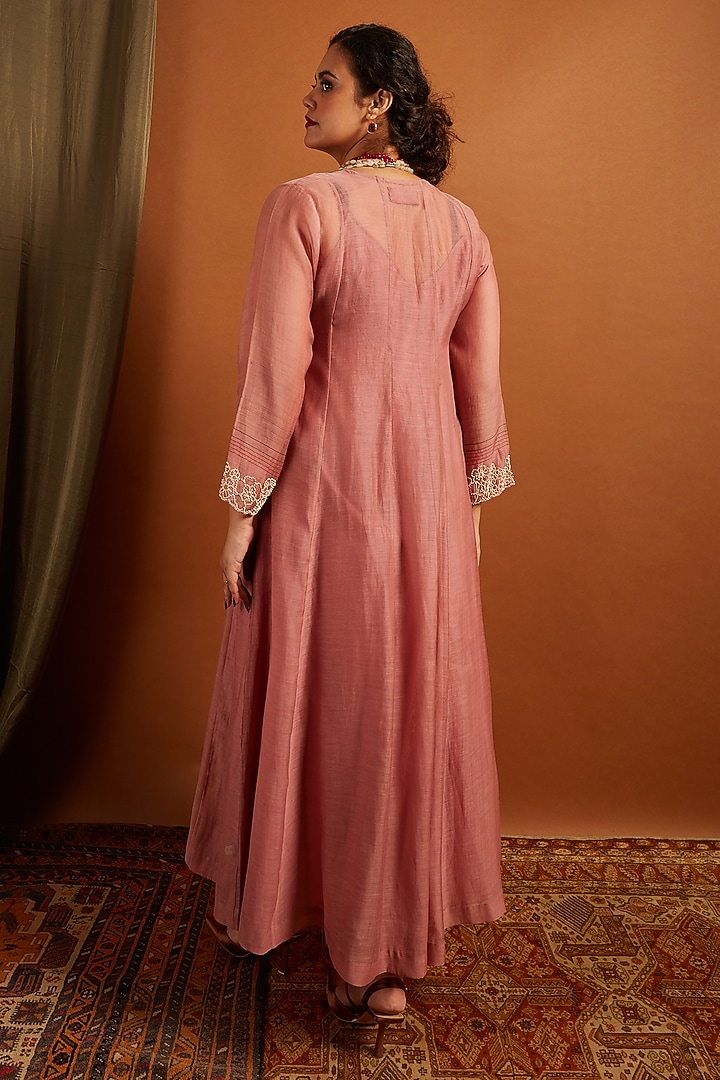 Blush Pink Fine Chanderi Embroidered Anarkali Vacation Dress by Half Full Curve at Pernia's Pop Up Shop
