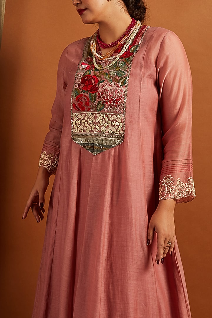 Blush Pink Fine Chanderi Embroidered Anarkali Vacation Dress by Half Full Curve at Pernia's Pop Up Shop
