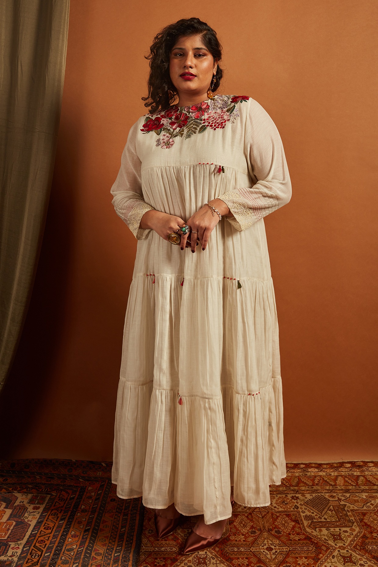 Half Full Curve Ecru Fine Chanderi Embroidered Tiered Dress