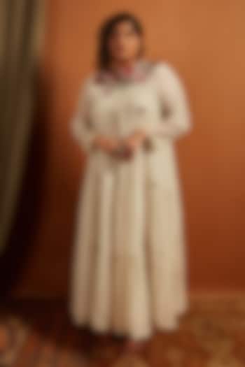 Ecru Fine Chanderi Embroidered Tiered Vacation Dress by Half Full Curve at Pernia's Pop Up Shop