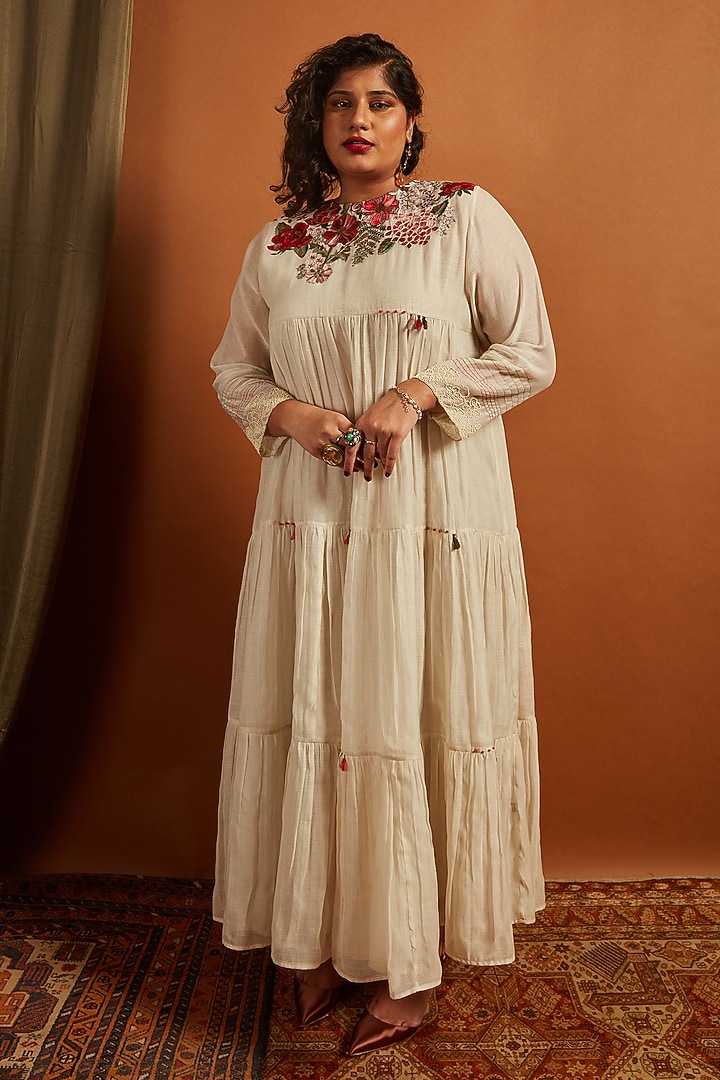 Ecru Fine Chanderi Embroidered Tiered Vacation Dress by Half Full Curve at Pernia's Pop Up Shop