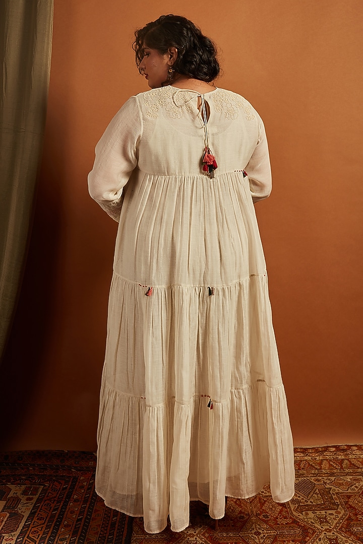 Ecru Fine Chanderi Embroidered Tiered Vacation Dress by Half Full Curve at Pernia's Pop Up Shop