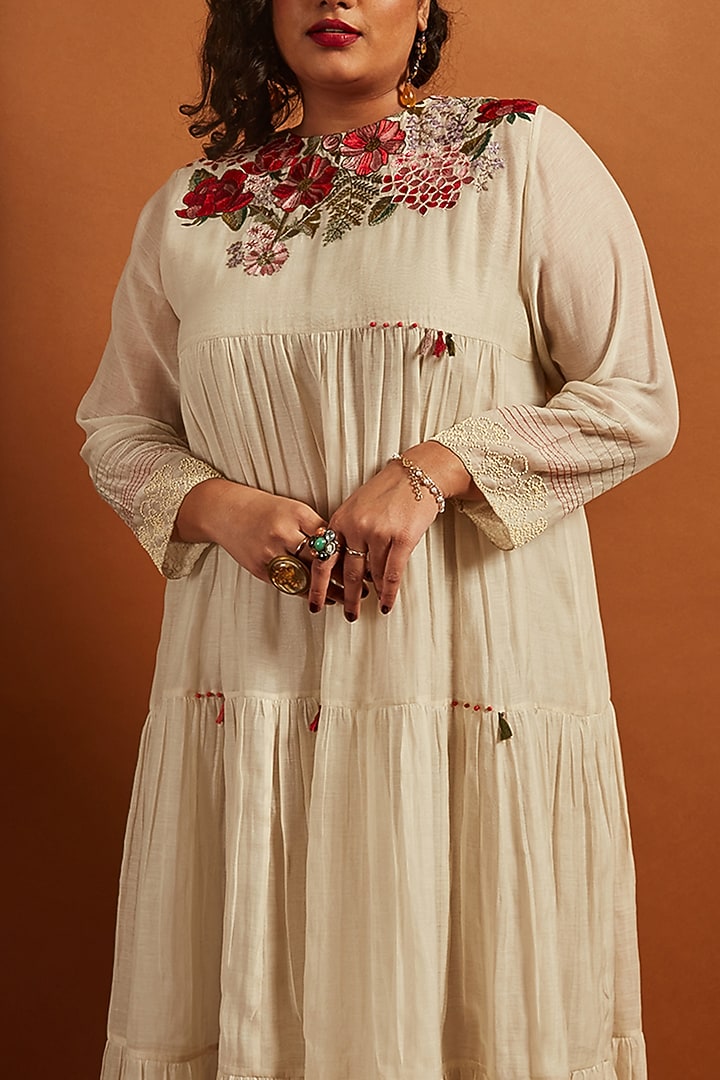 Ecru Fine Chanderi Embroidered Tiered Vacation Dress by Half Full Curve at Pernia's Pop Up Shop