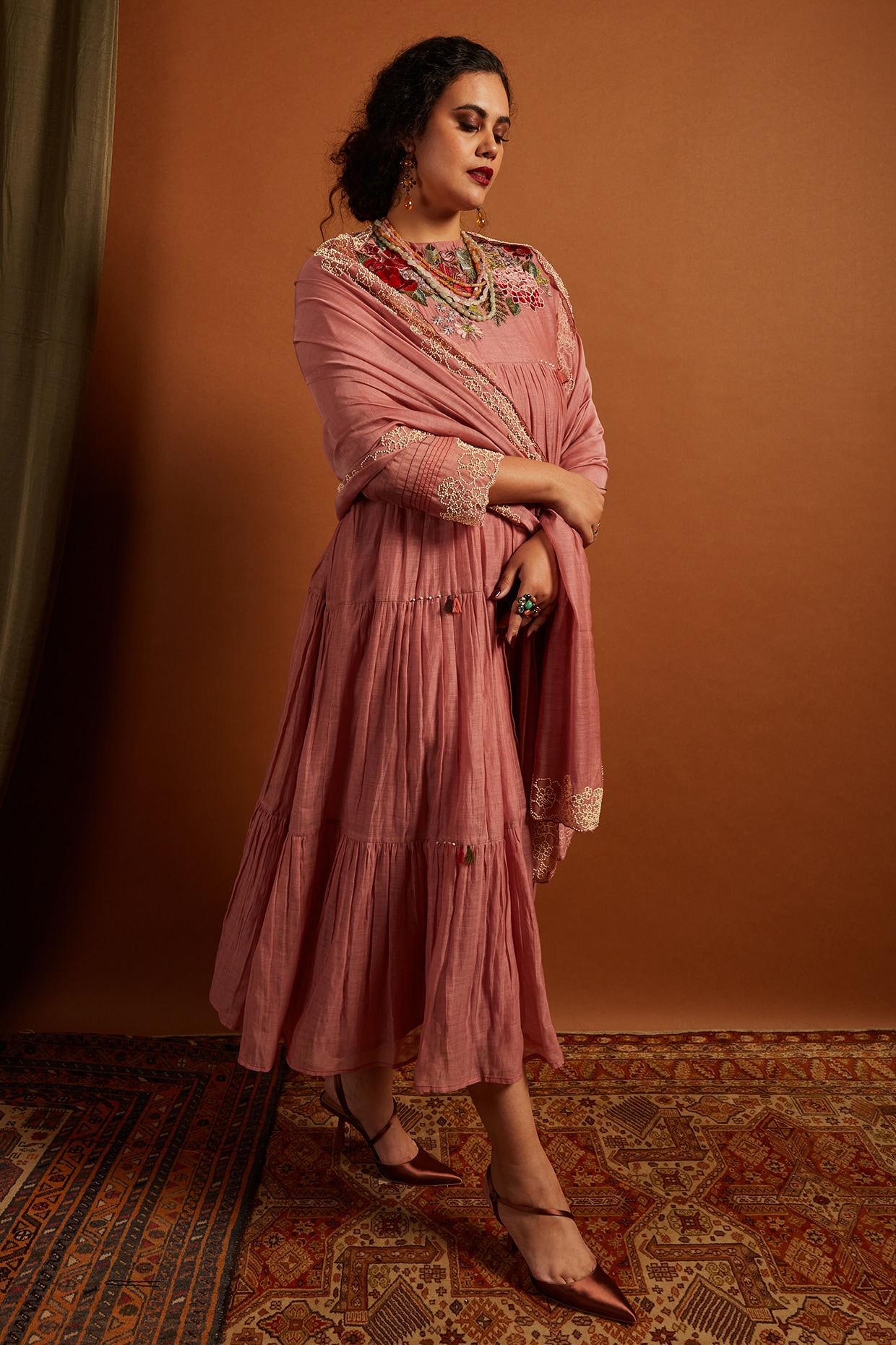 Half Full Curve Blush Pink Fine Chanderi Embroidered Tiered Dress