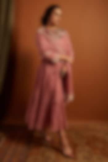 Blush Pink Fine Chanderi Embroidered Tiered Vacation Dress by Half Full Curve at Pernia's Pop Up Shop