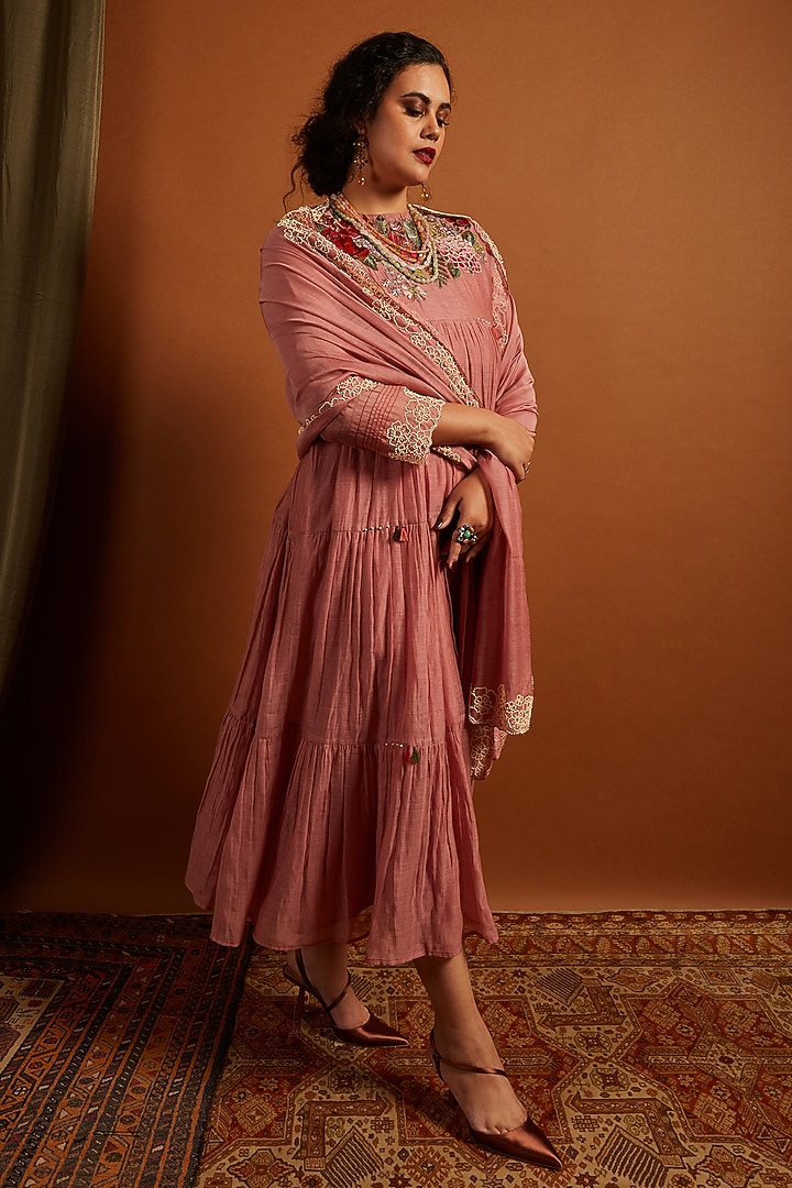 Blush Pink Fine Chanderi Embroidered Tiered Vacation Dress by Half Full Curve at Pernia's Pop Up Shop
