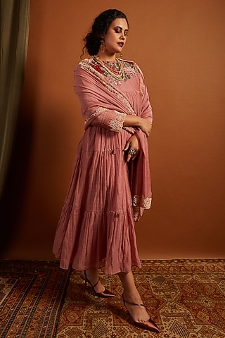Blush Pink Fine Chanderi Embroidered Tiered Dress by Half Full Curve