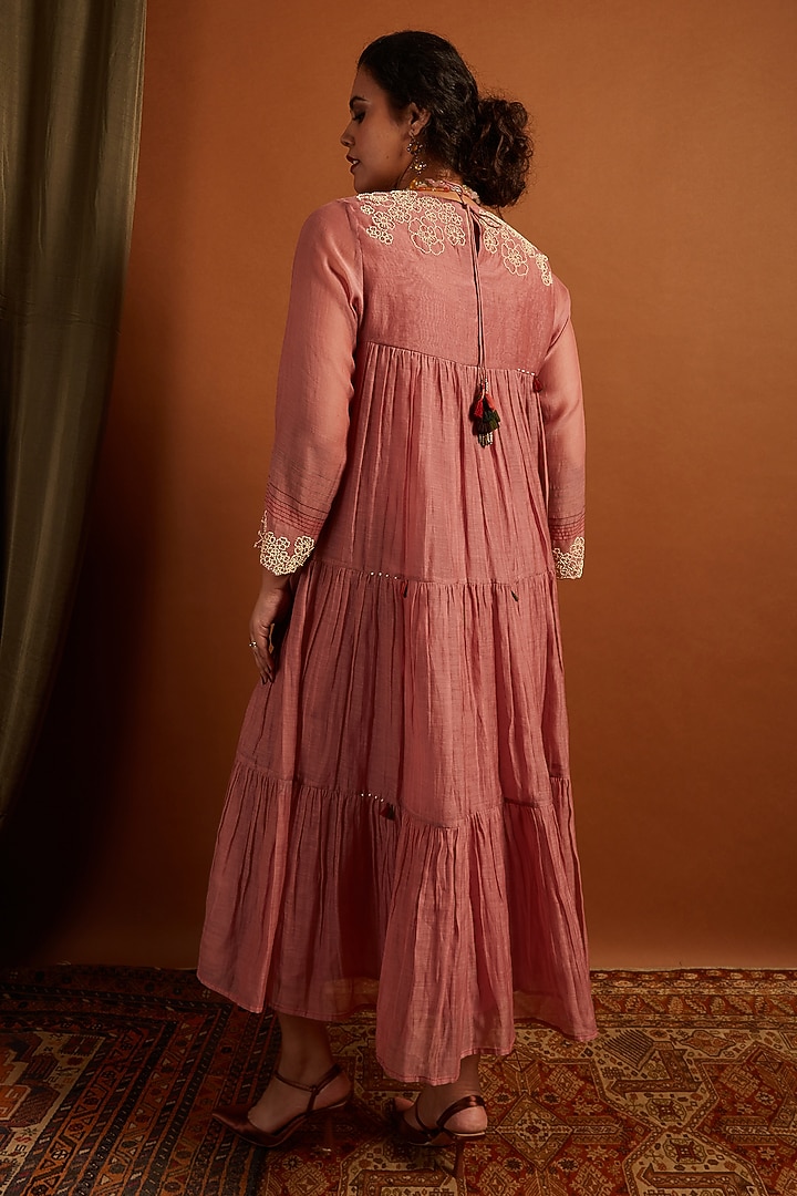 Blush Pink Fine Chanderi Embroidered Tiered Vacation Dress by Half Full Curve at Pernia's Pop Up Shop