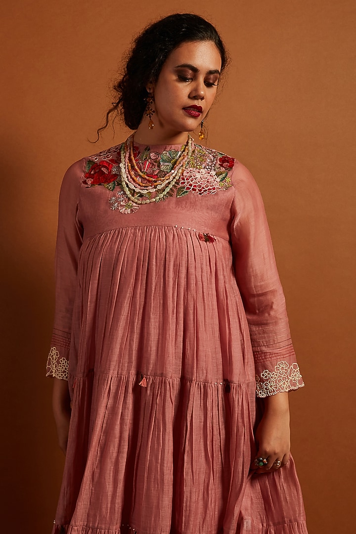Blush Pink Fine Chanderi Embroidered Tiered Vacation Dress by Half Full Curve at Pernia's Pop Up Shop