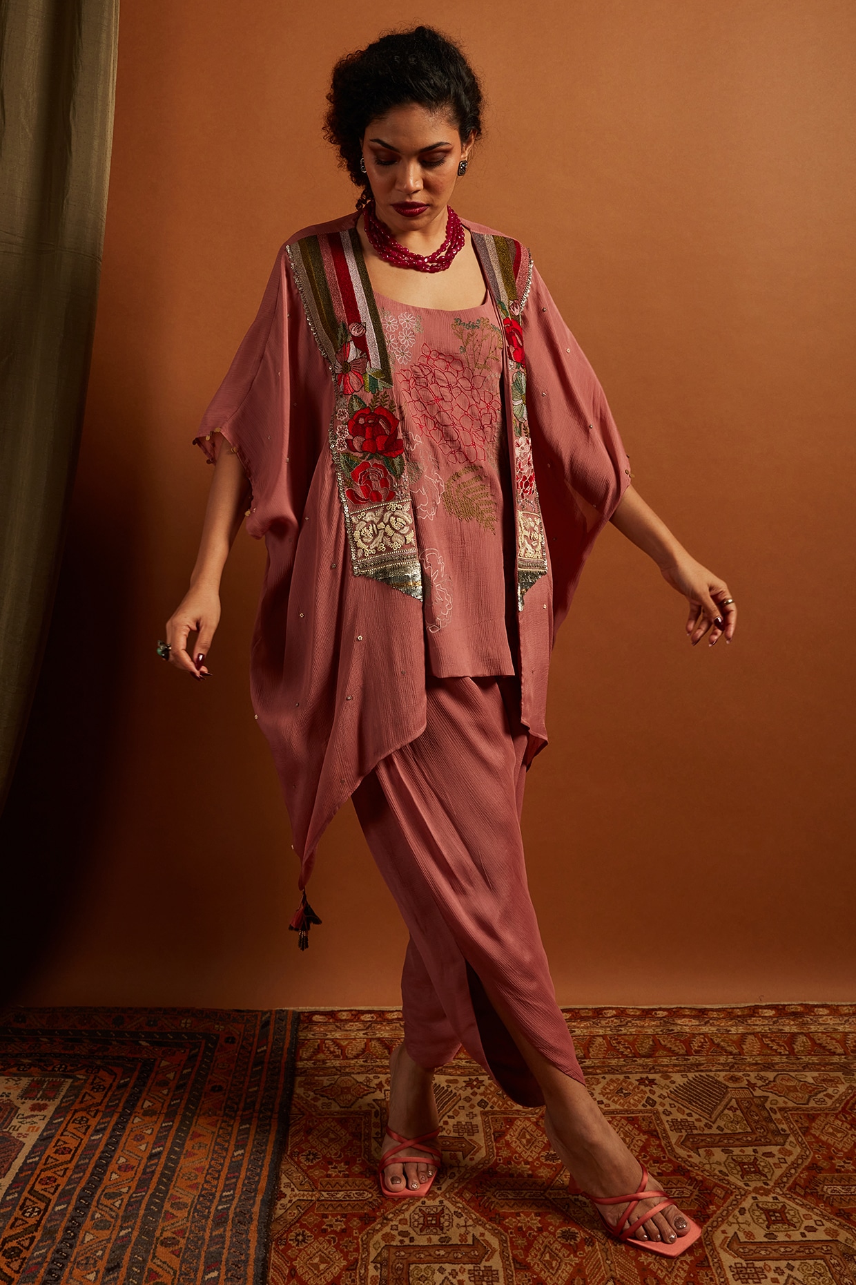Half Full Curve Blush Pink Crepe Chiffon Embroidered Co-Ord Set