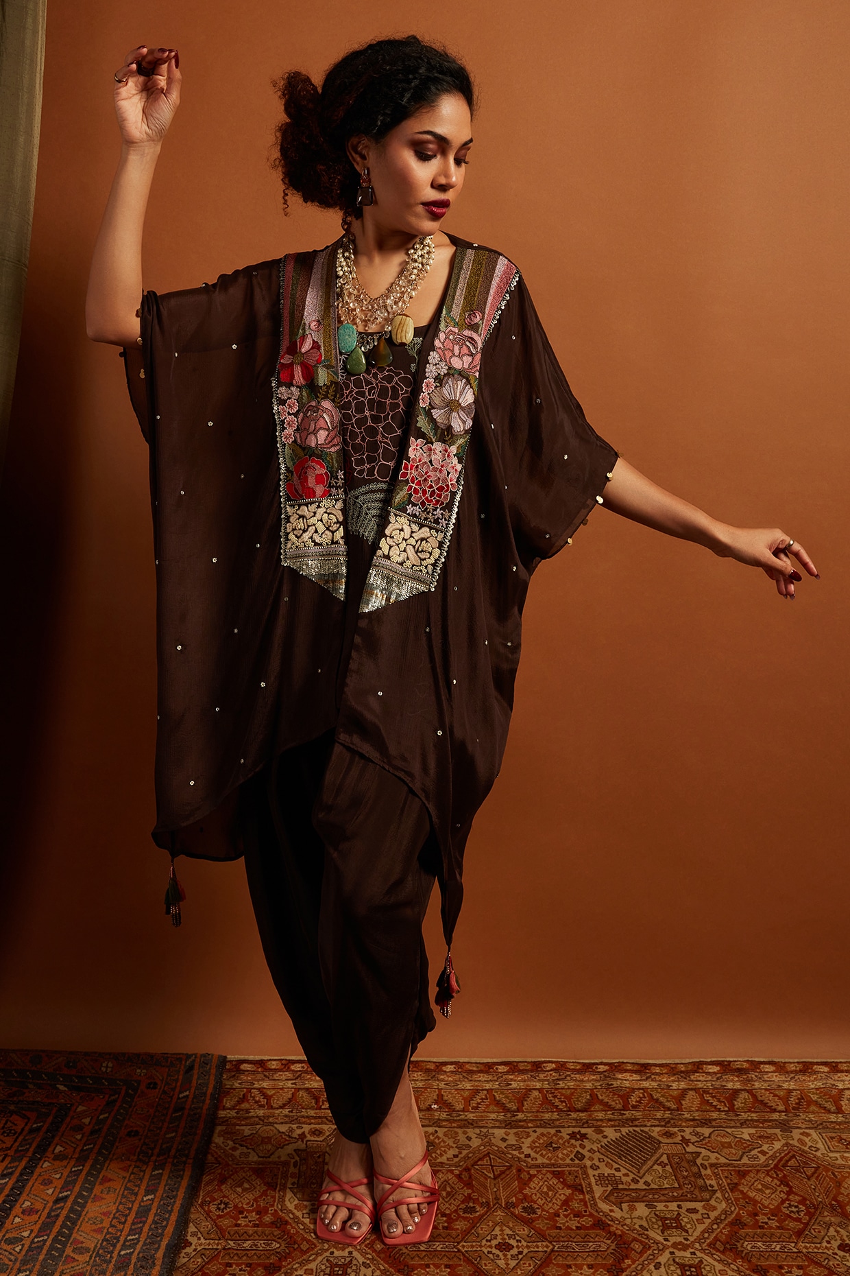 Half Full Curve Brown Crepe Chiffon Embroidered Co-Ord Set