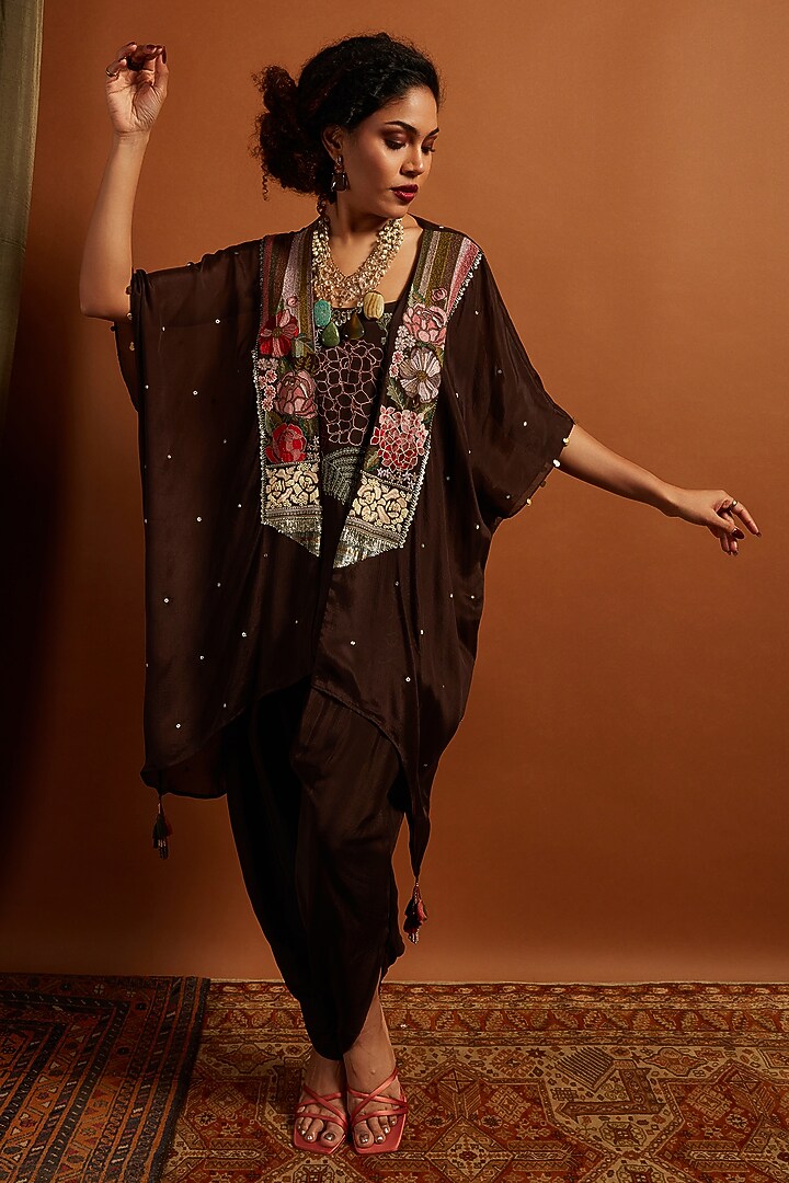 Brown Crepe Chiffon Embroidered Co-Ord Set by Half Full Curve at Pernia's Pop Up Shop