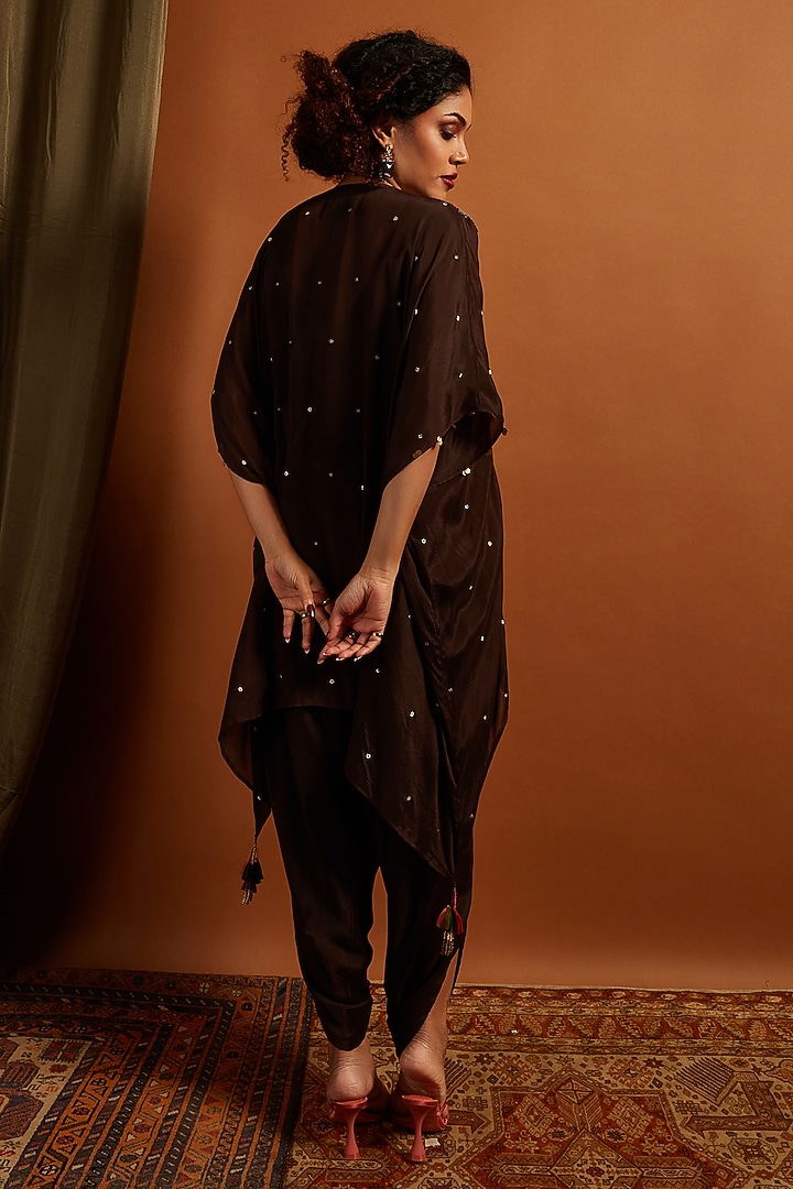 Brown Crepe Chiffon Embroidered Co-Ord Set by Half Full Curve at Pernia's Pop Up Shop