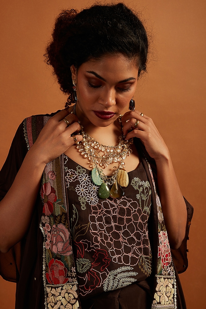 Brown Crepe Chiffon Embroidered Co-Ord Set by Half Full Curve at Pernia's Pop Up Shop