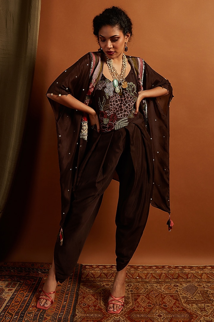 Brown Crepe Chiffon Embroidered Co-Ord Set by Half Full Curve at Pernia's Pop Up Shop