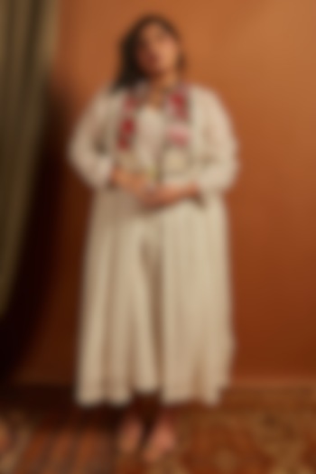 Ecru Crepe Chiffon Embroidered Jacket by Half Full Curve at Pernia's Pop Up Shop