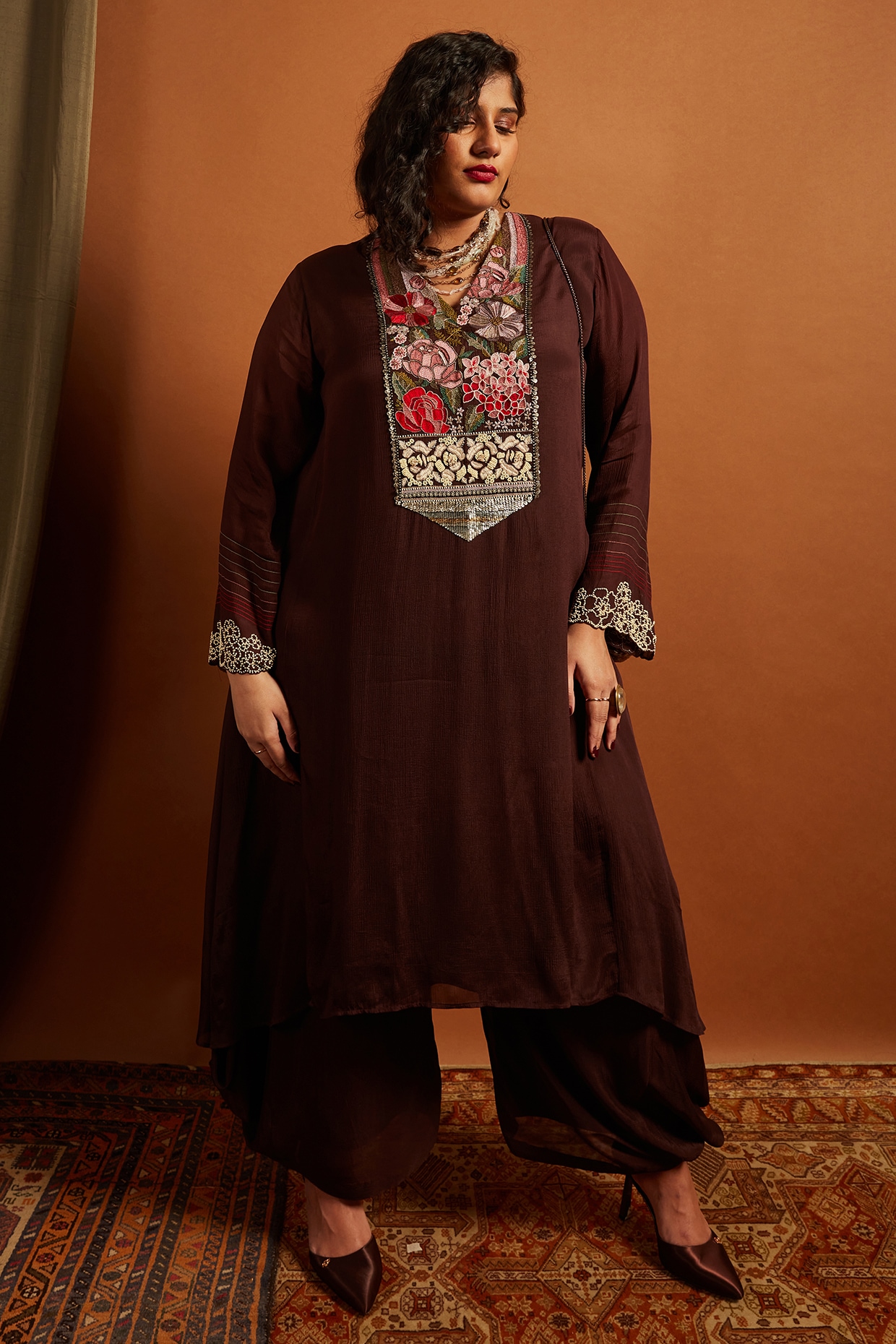 Half Full Curve Brown Crepe Chiffon Embroidered Kurta Set