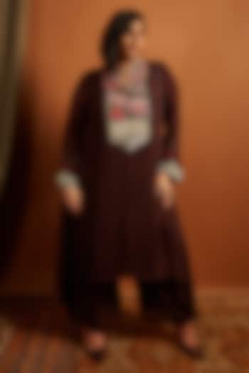 Brown Crepe Chiffon Embroidered Kurta Set by Half Full Curve at Pernia's Pop Up Shop