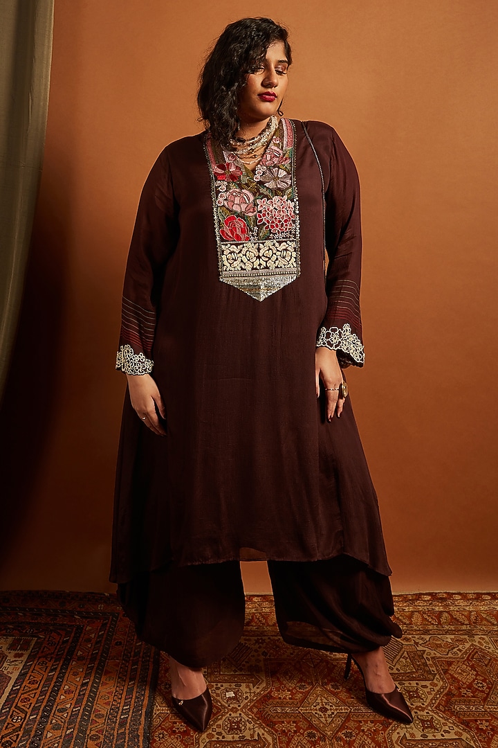 Brown Crepe Chiffon Embroidered Kurta Set by Half Full Curve at Pernia's Pop Up Shop