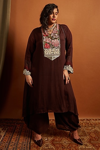 Brown Crepe Chiffon Embroidered Kurta Set by Half Full Curve