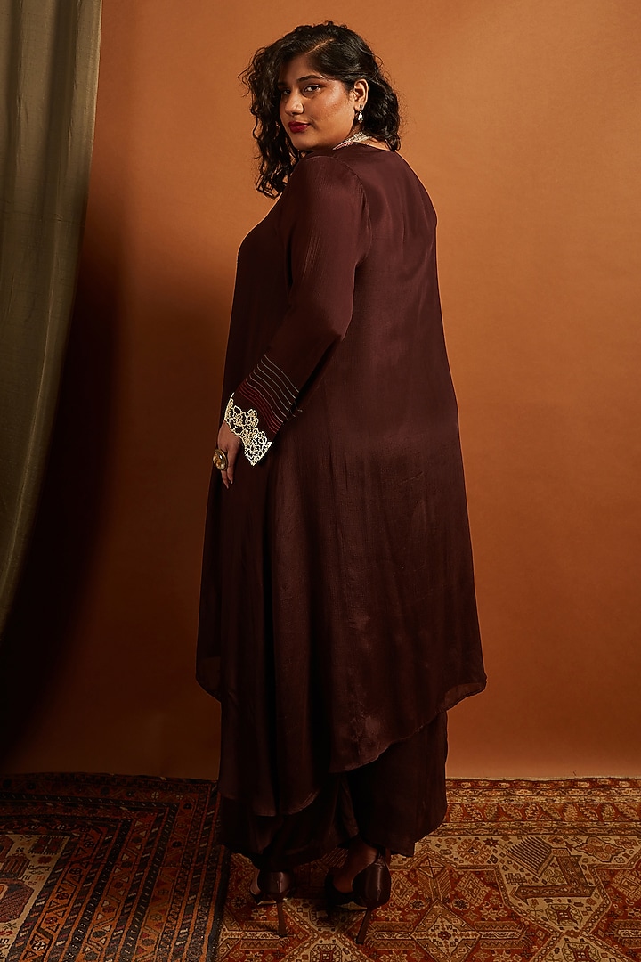 Brown Crepe Chiffon Embroidered Kurta Set by Half Full Curve at Pernia's Pop Up Shop
