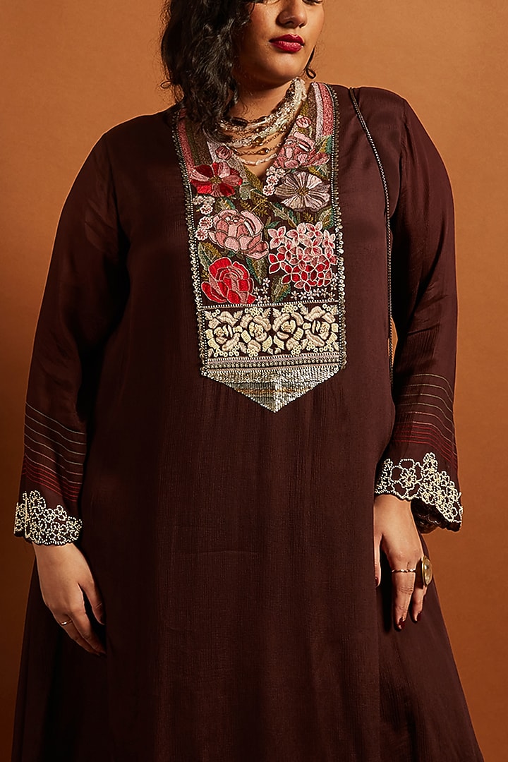 Brown Crepe Chiffon Embroidered Kurta Set by Half Full Curve at Pernia's Pop Up Shop
