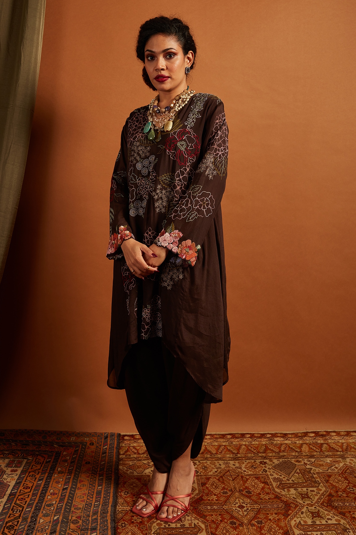 Half Full Curve Brown Crepe Chiffon Embroidered Kurta Set