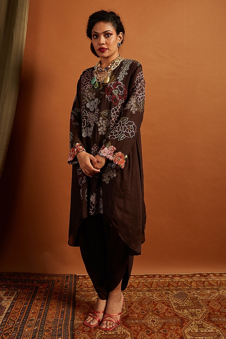 Brown Crepe Chiffon Embroidered Kurta Set by Half Full Curve at Pernia's Pop Up Shop