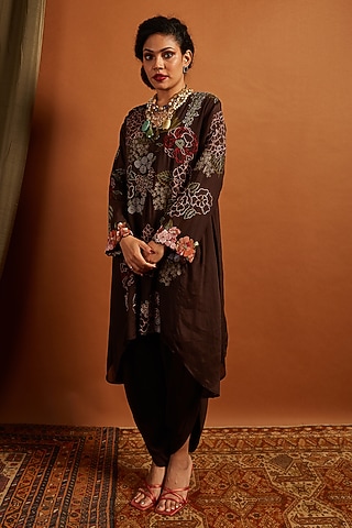 Brown Crepe Chiffon Embroidered Kurta Set by Half Full Curve