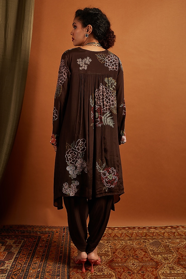Brown Crepe Chiffon Embroidered Kurta Set by Half Full Curve at Pernia's Pop Up Shop