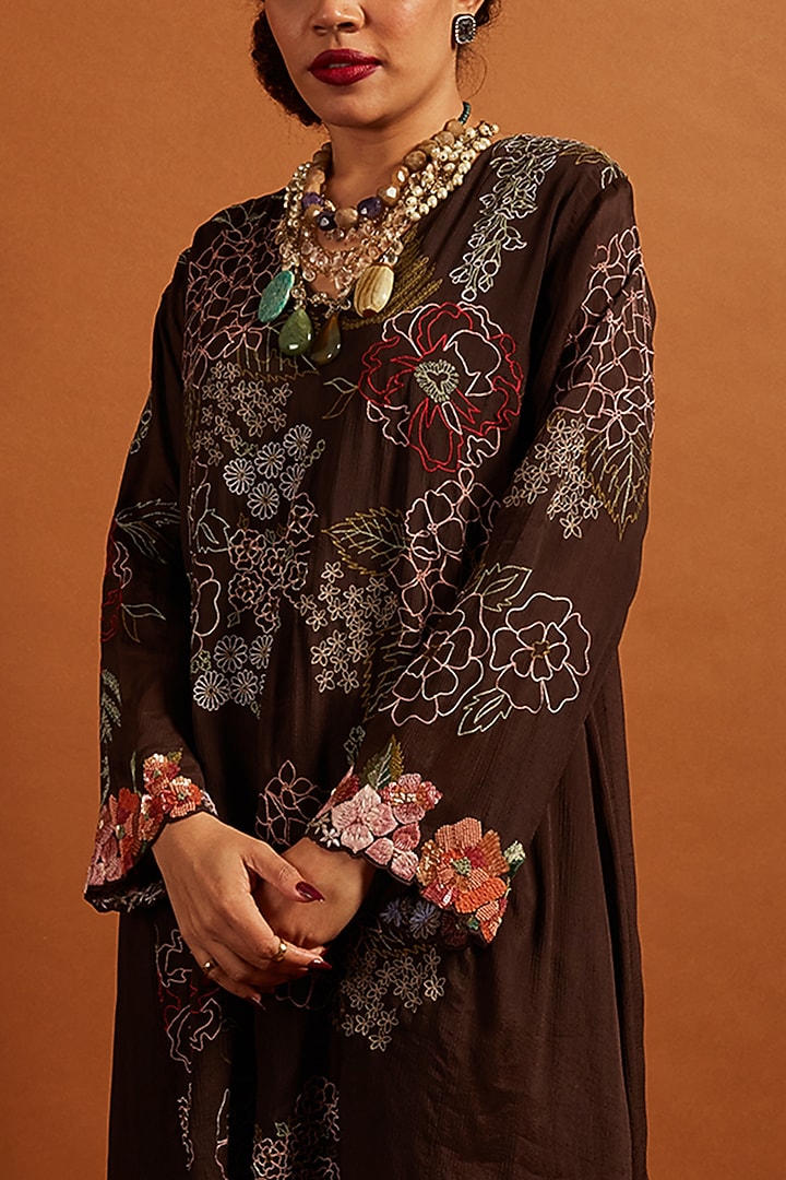 Brown Crepe Chiffon Embroidered Kurta Set by Half Full Curve at Pernia's Pop Up Shop