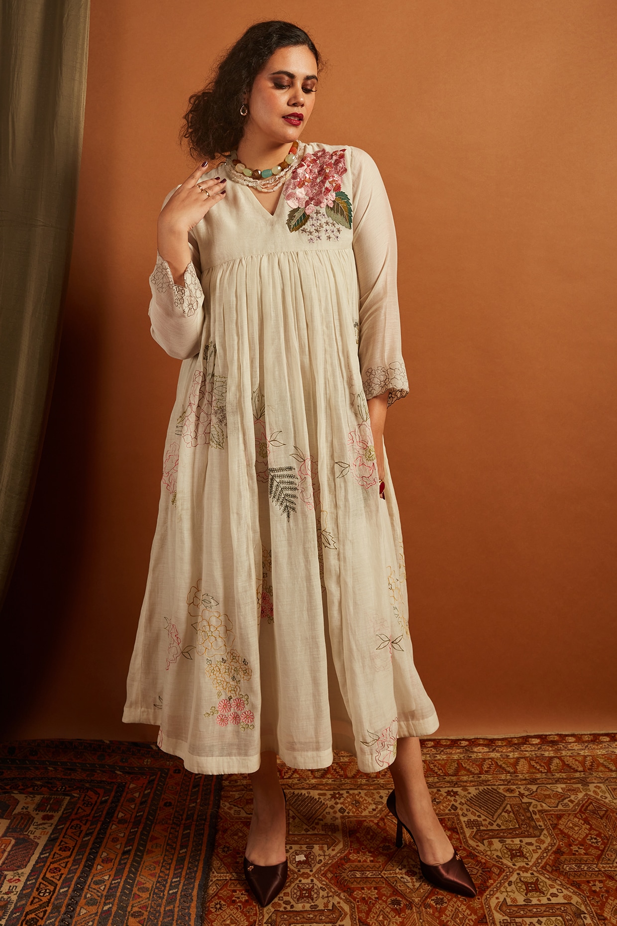 Half Full Curve Ecru Fine Chanderi Embroidered Flared Dress