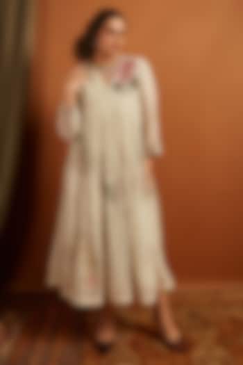 Ecru Fine Chanderi Embroidered Flared Vacation Dress by Half Full Curve at Pernia's Pop Up Shop