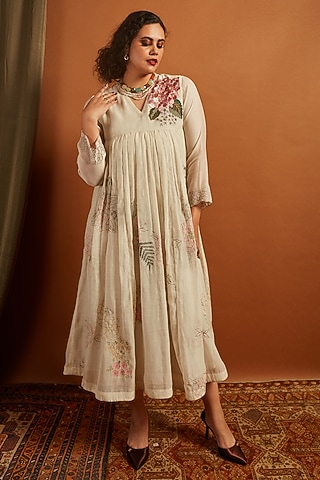 Ecru Fine Chanderi Embroidered Flared Dress by Half Full Curve