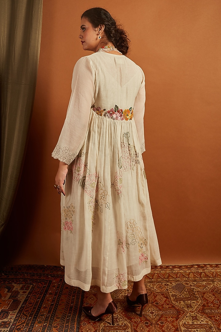 Ecru Fine Chanderi Embroidered Flared Vacation Dress by Half Full Curve at Pernia's Pop Up Shop