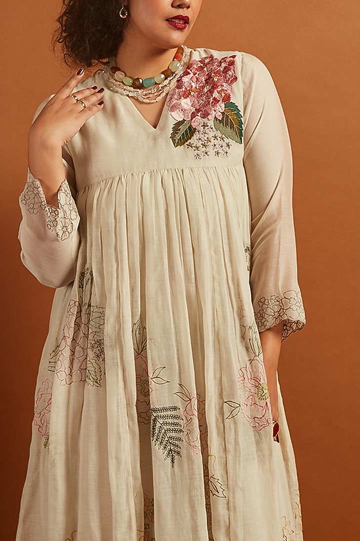 Ecru Fine Chanderi Embroidered Flared Vacation Dress by Half Full Curve at Pernia's Pop Up Shop