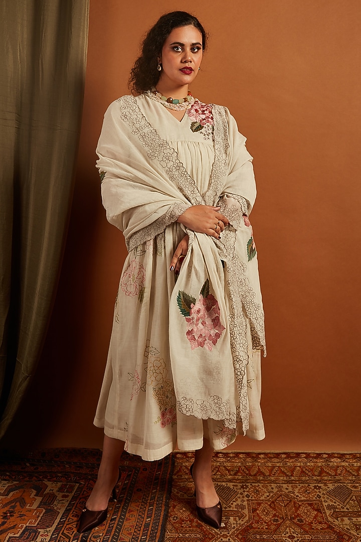Ecru Fine Chanderi Embroidered Dupatta by Half Full Curve at Pernia's Pop Up Shop