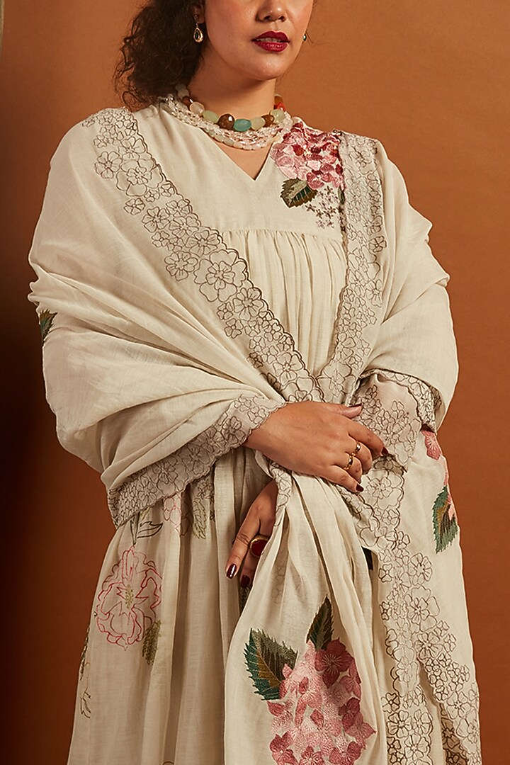 Ecru Fine Chanderi Embroidered Dupatta by Half Full Curve at Pernia's Pop Up Shop