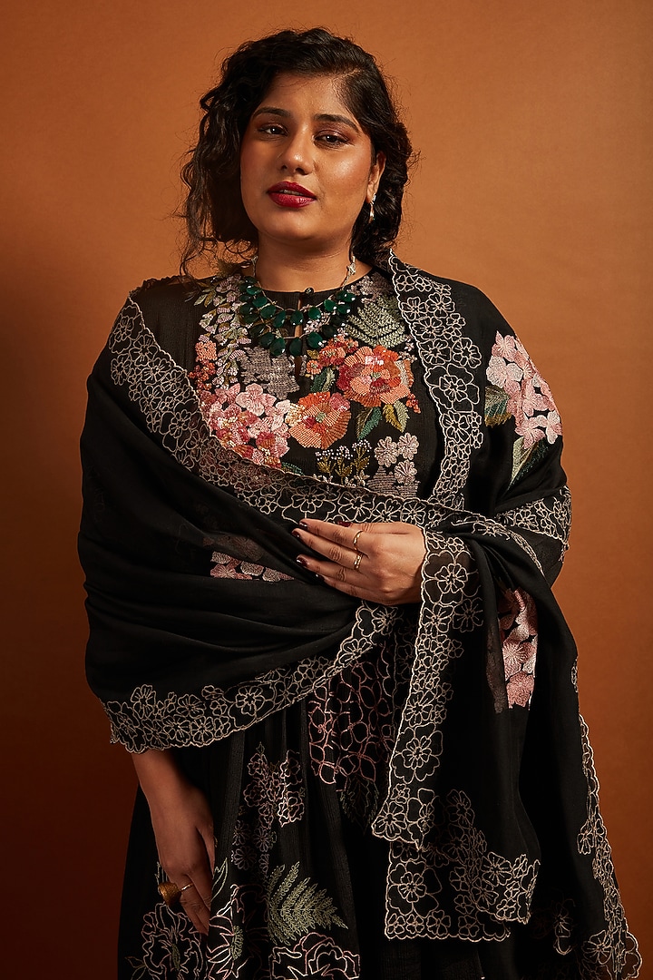 Black Fine Chanderi Embroidered Dupatta by Half Full Curve at Pernia's Pop Up Shop